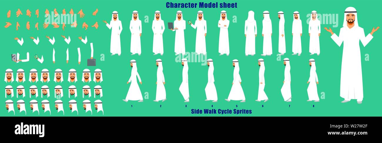 Arab business manCharacter Model sheet with Walk cycle Animation Sequence Stock Vector