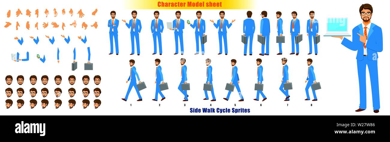 Businessman Character Model Sheet With Walk Cycle Animation Sequence Businessman Character Model Sheet With Walk Cycle Animation Sequence