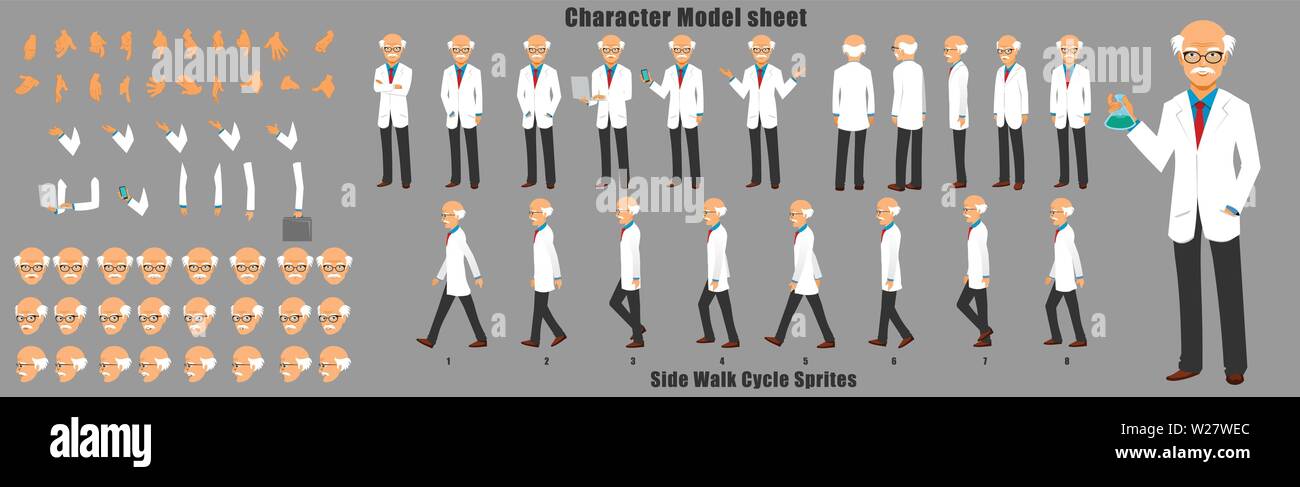 Scientist Character Model Sheetwith Walk cycle Animation Sequence Stock Vector