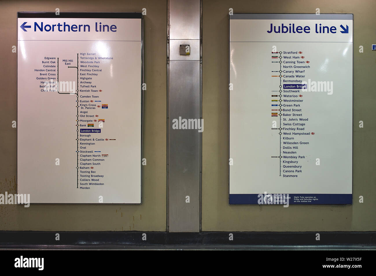 London, UK - February, 2019. Information panels inside an Underground Station (Tube Station) in central London. Stock Photo