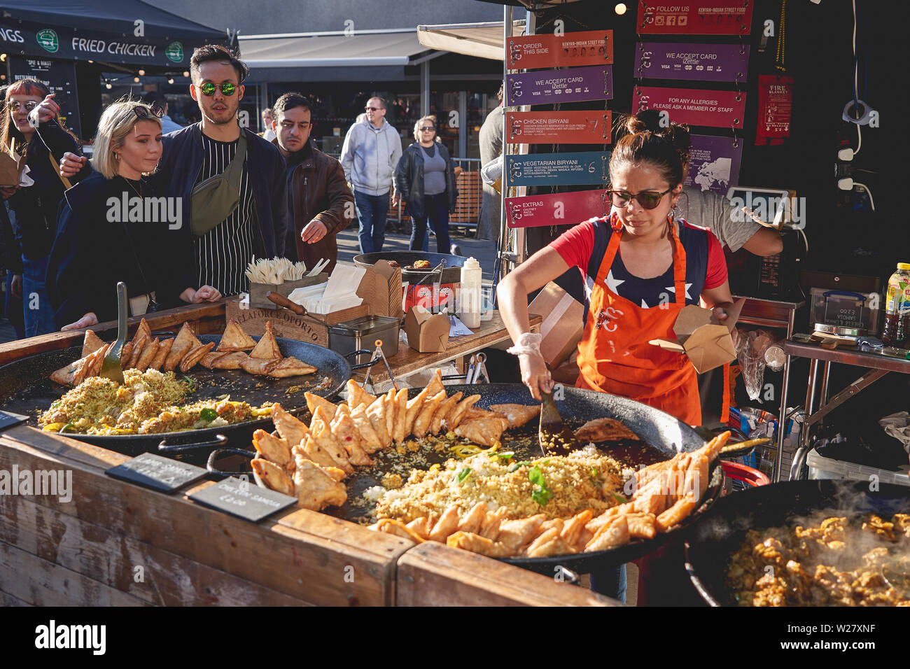 London, UK - March, 2019. An Indian street food stall in a food market near the Royal Festival hall in Southbank. Stock Photo