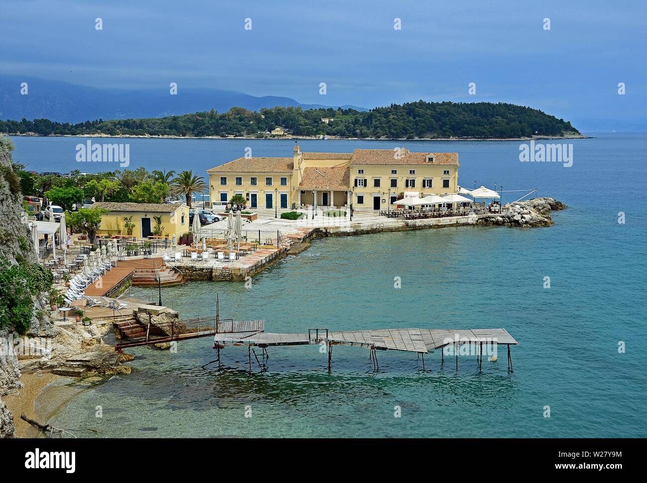 Faliraki Beach, Bath and Cafe, Corfu Town, Corfu Island, Ionian Sea, Greece Stock Photo