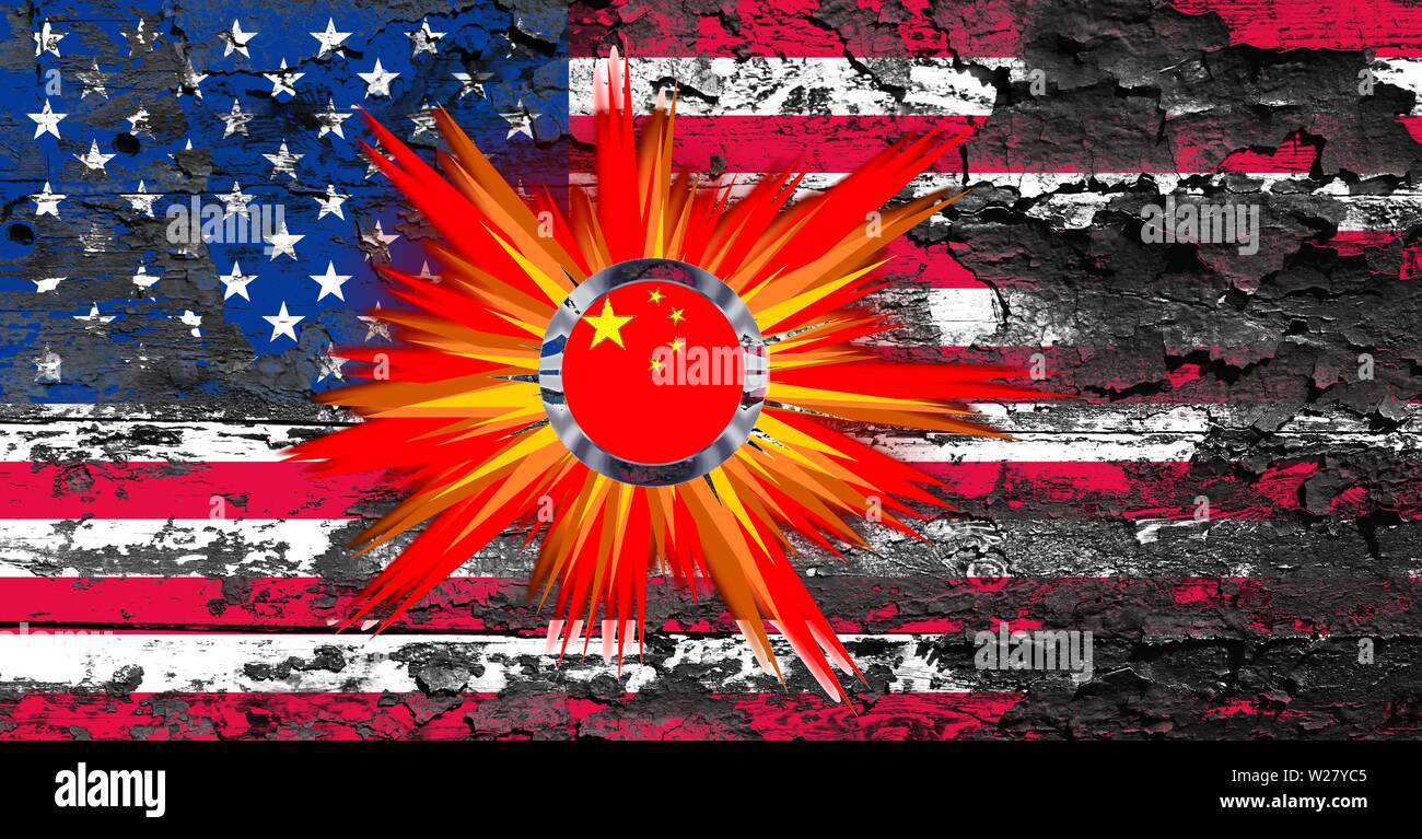 Burnt, flaking USA flag, Signet. China flag explodes in US flag, US economic war and China, Symbols photo,Germany Stock Photo
