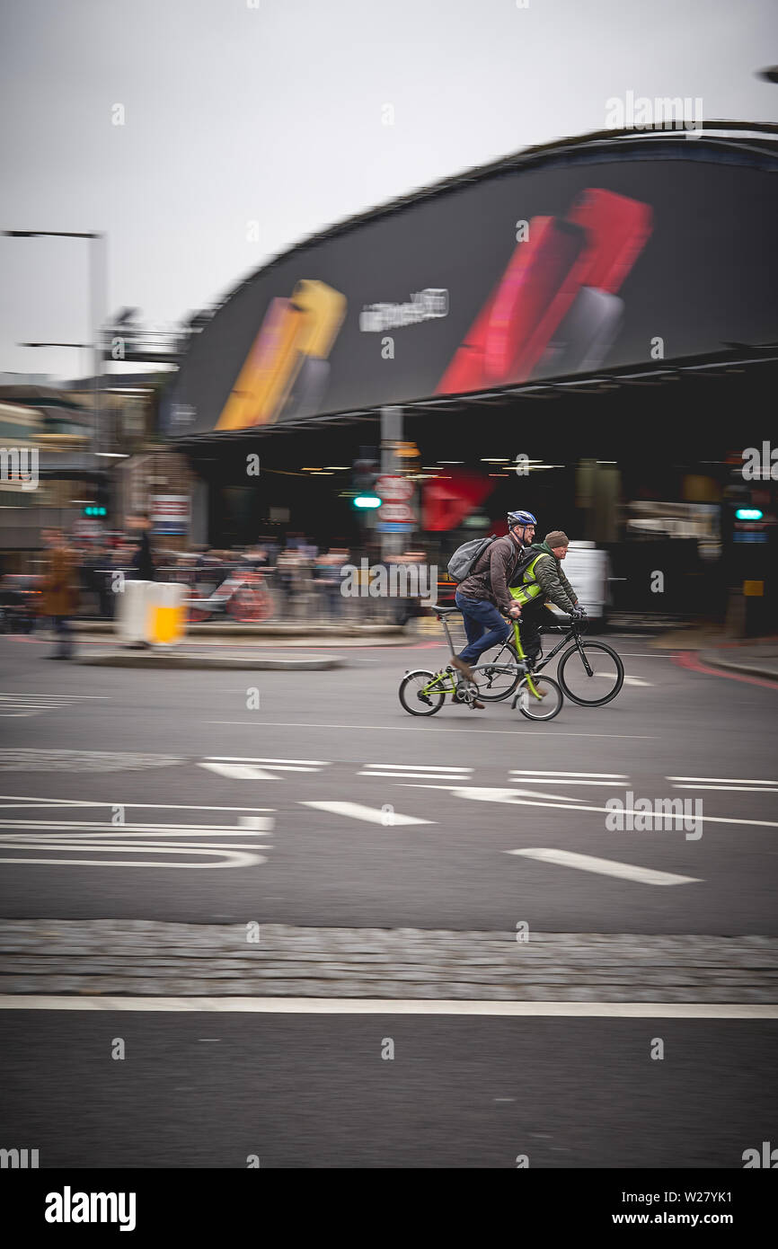 London, UK - April, 2019. Cyclists commuting in central London during rush hour. Stock Photo