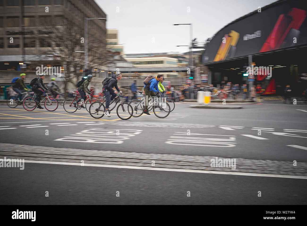 London, UK - April, 2019. Cyclists commuting in central London during rush hour. Stock Photo