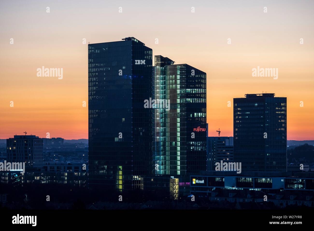 Highlight Towers, office towers, IBM and Fujitsu skyscrapers, sunset, dusk, Munich, Upper Bavaria, Bavaria, Germany Stock Photo