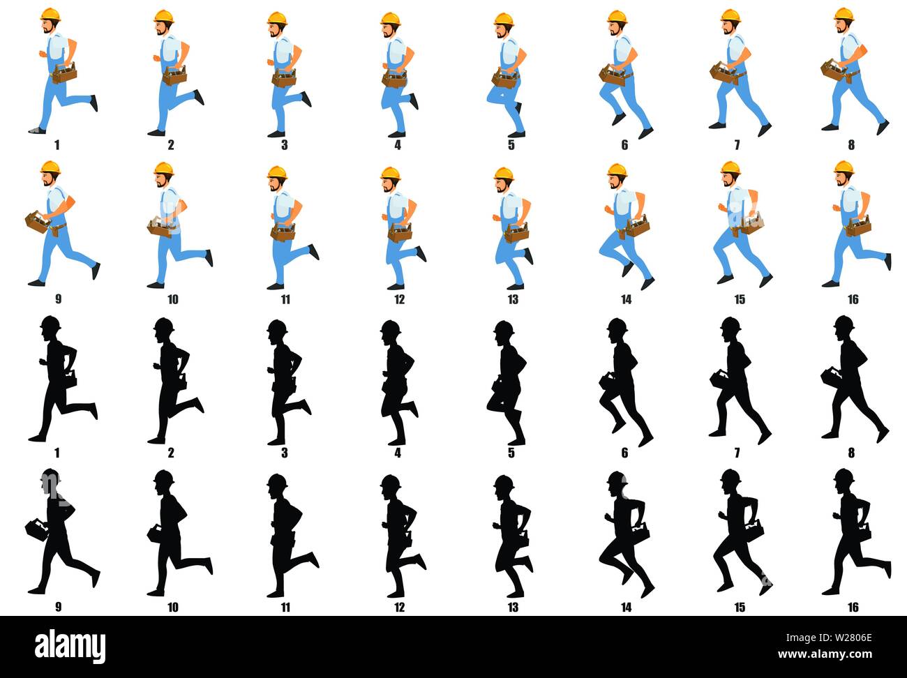 Handyman Character Model sheet with Walk cycle and Run cycle Animation Sequence , Loop animation Stock Vector