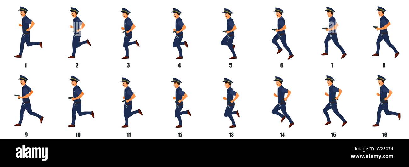 Police Character Run cycle Animation Sequence , Loop Animation Stock Vector