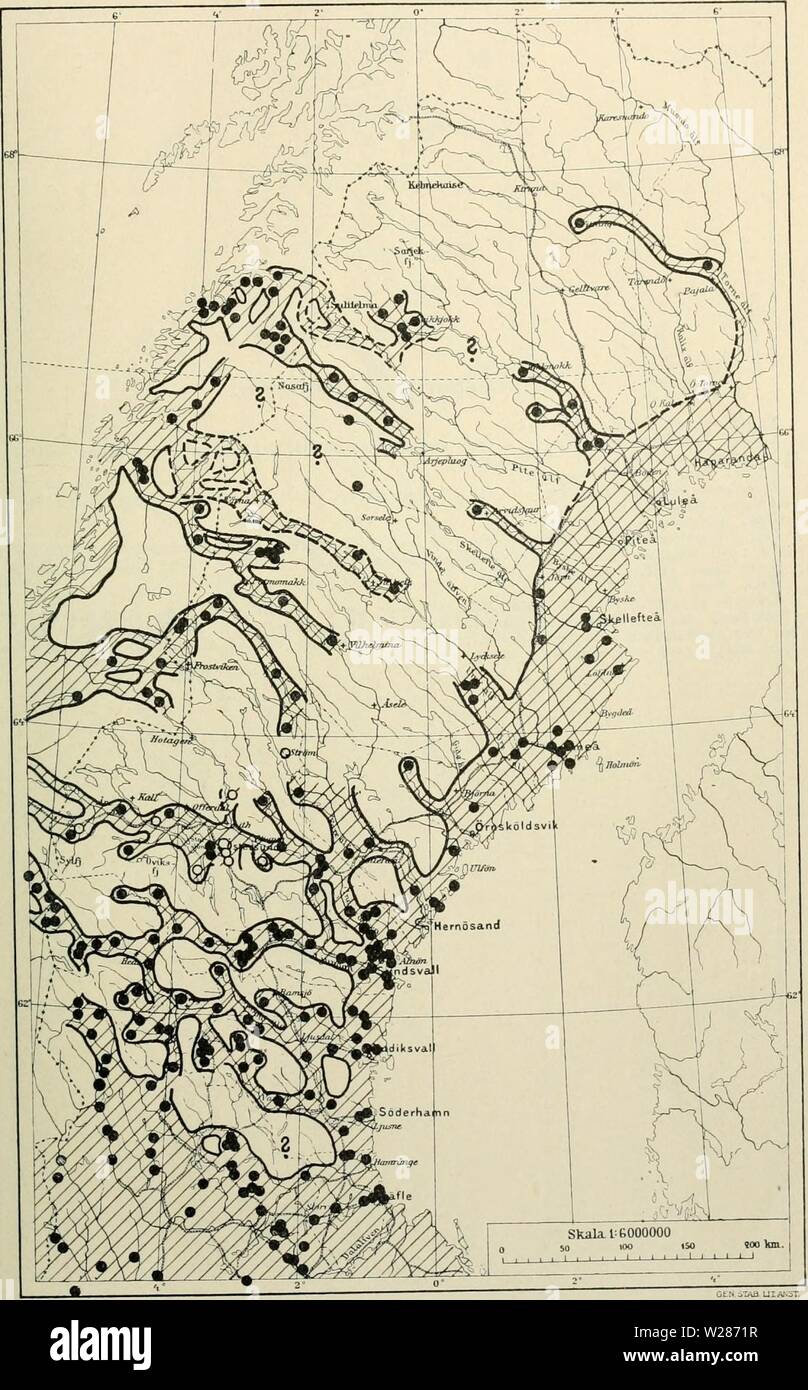 Archive image from page 374 of Den norrländska florans geografiska. Den norrländska florans : geografiska fördelning och invandringshistoria ; med särskild hänsyn till dess sydskandinaviskar arter dennorrlndskaf00ande Year: 1912 KARTOR OCH STà NDORTER 359 Kartan 19. Tibast (Daphne mezereura). Anmärkningsvärdt är, att arten tyckes saknas inom stora delar af Jämtland. Jfr i öfrigt texten s. ihh. Stock Photo