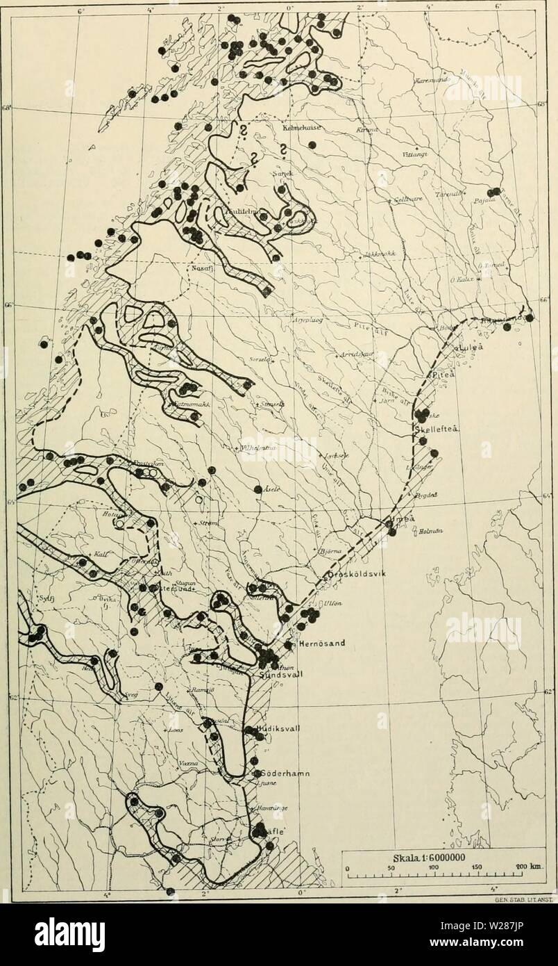 Archive image from page 378 of Den norrländska florans geografiska. Den norrländska florans : geografiska fördelning och invandringshistoria ; med särskild hänsyn till dess sydskandinaviskar arter dennorrlndskaf00ande Year: 1912 KARTOR OCH STà NDORTER 363 Kartan 21. Erysimum hieraciifolium. I Norge uppgifves arten utom Ã¥ de inlagda lokalerna sÃ¥som allm. för RÃ¥nen och gÃ¥r mot norr till finska gränsen. Stock Photo