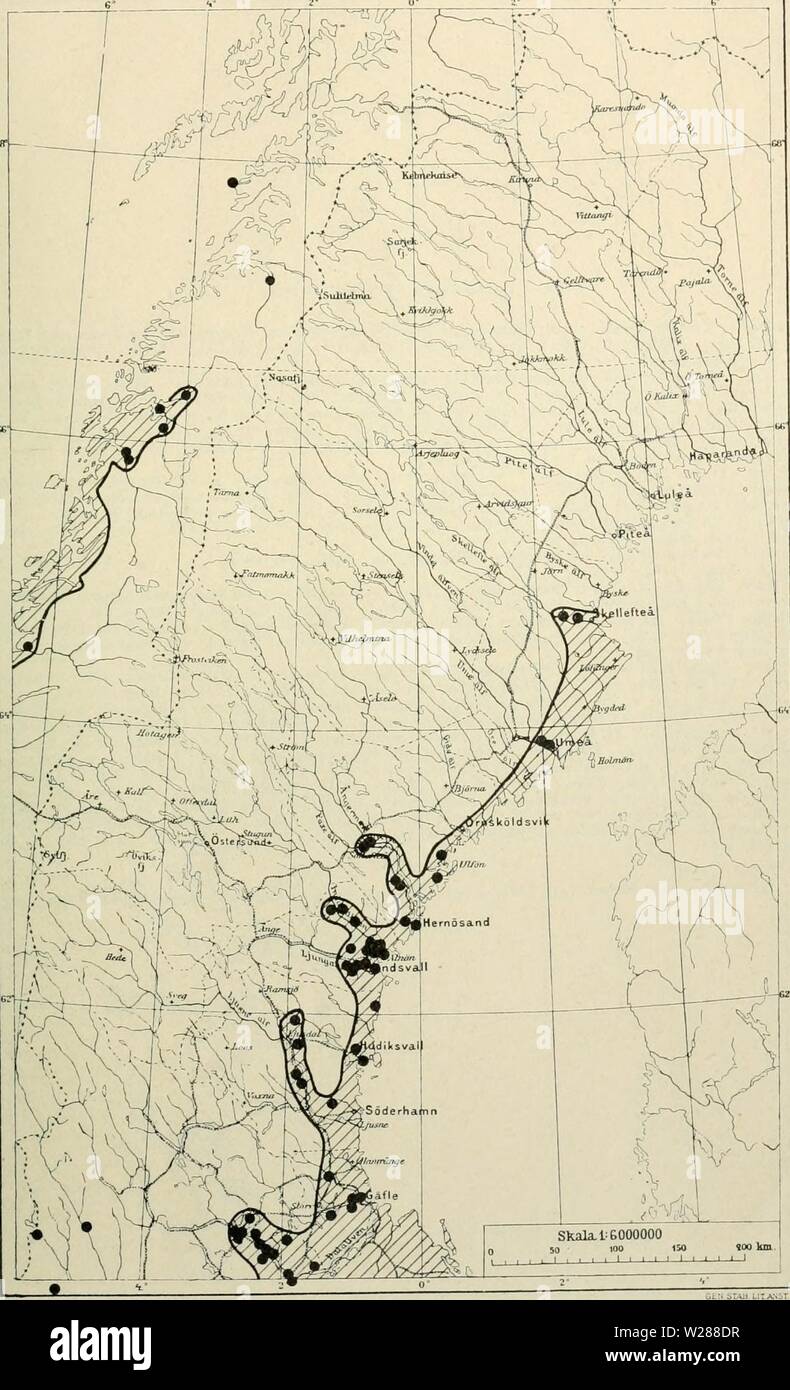 Archive image from page 384 of Den norrländska florans geografiska. Den norrländska florans : geografiska fördelning och invandringshistoria ; med särskild hänsyn till dess sydskandinaviskar arter dennorrlndskaf00ande Year: 1912 KARTOR OCH STà NDORTER 369 Kartan 24. Impatiens noli tangere. Jfr texten s. 160. 24 Stock Photo