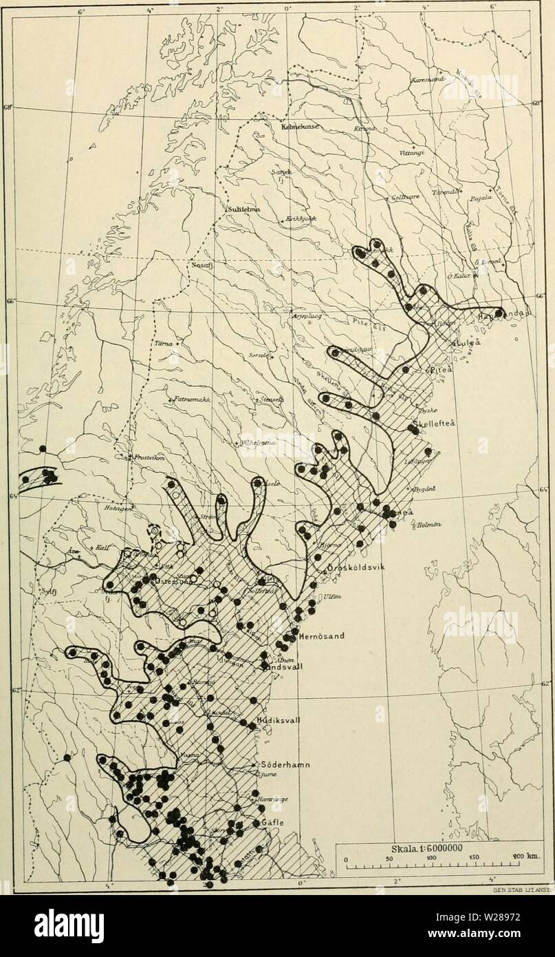 Archive image from page 390 of Den norrländska florans geografiska. Den norrländska florans : geografiska fördelning och invandringshistoria ; med särskild hänsyn till dess sydskandinaviskar arter dennorrlndskaf00ande Year: 1912 KARTOR OCH STà NDORTER 375 Kartan 27. Brakved (Rhamnus frangula I Norra Värmland är arten en Hat Skärman (255 b) ganska allmän. Jfr i öfrigt texten s. 189. Stock Photo
