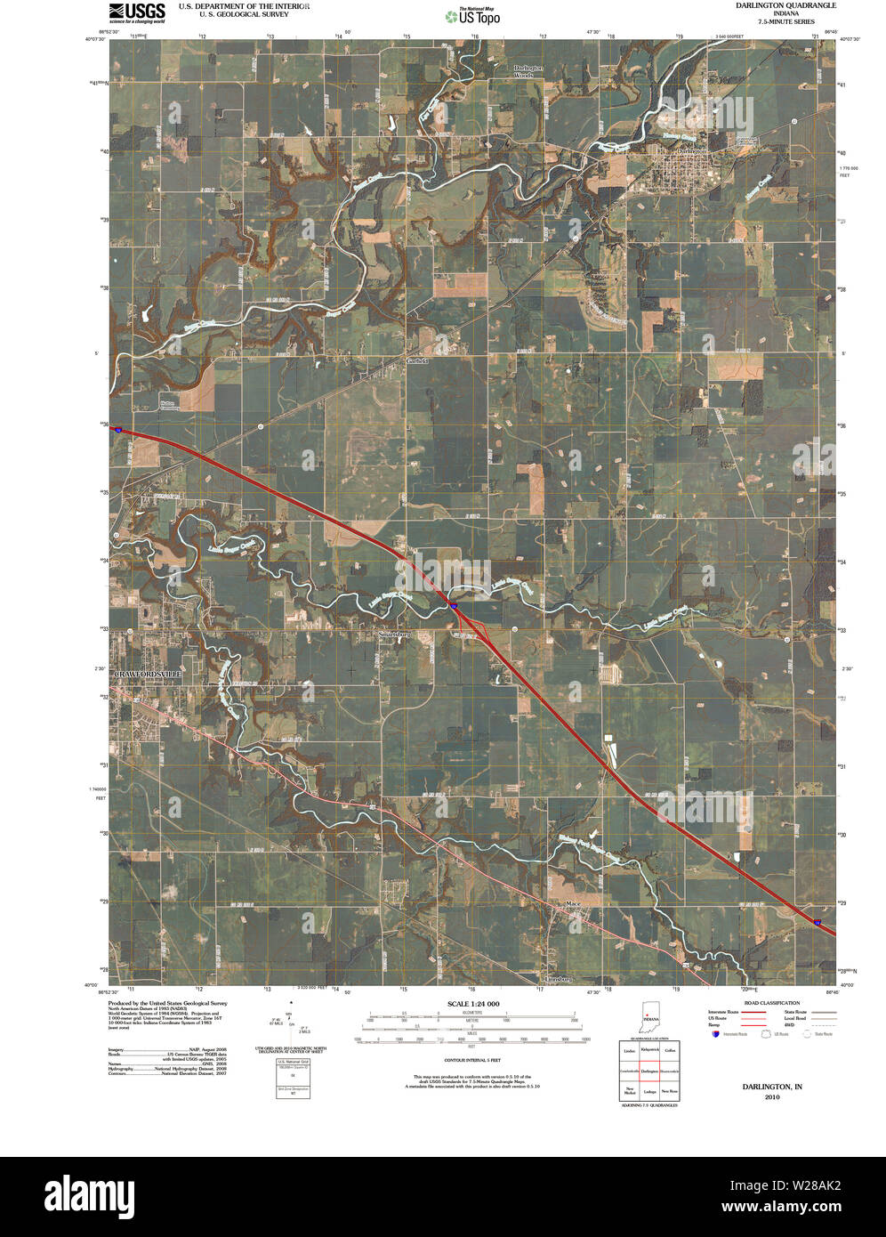 USGS TOPO Map Indiana IN Darlington 20100514 TM Restoration Stock Photo