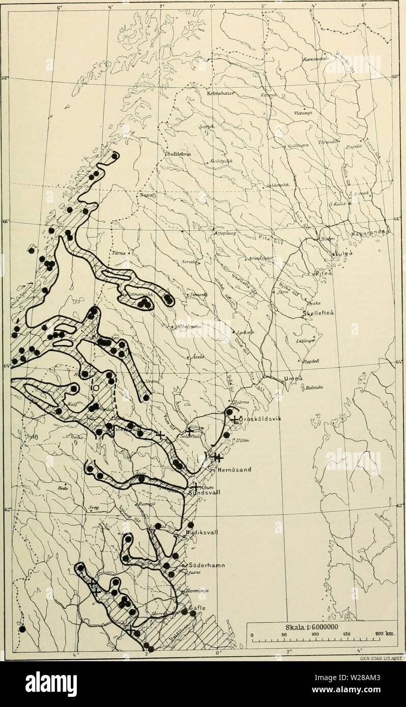 Archive image from page 402 of Den norrländska florans geografiska. Den norrländska florans : geografiska fördelning och invandringshistoria ; med särskild hänsyn till dess sydskandinaviskar arter dennorrlndskaf00ande Year: 1912 KARTOR OCH STà NDORTER 387 Kartan 33. Alm (Ulimis montana). Fossila lokaler äro betecknade med ett +. Jfr i öfrigt texten s. 161 och 183. Stock Photo
