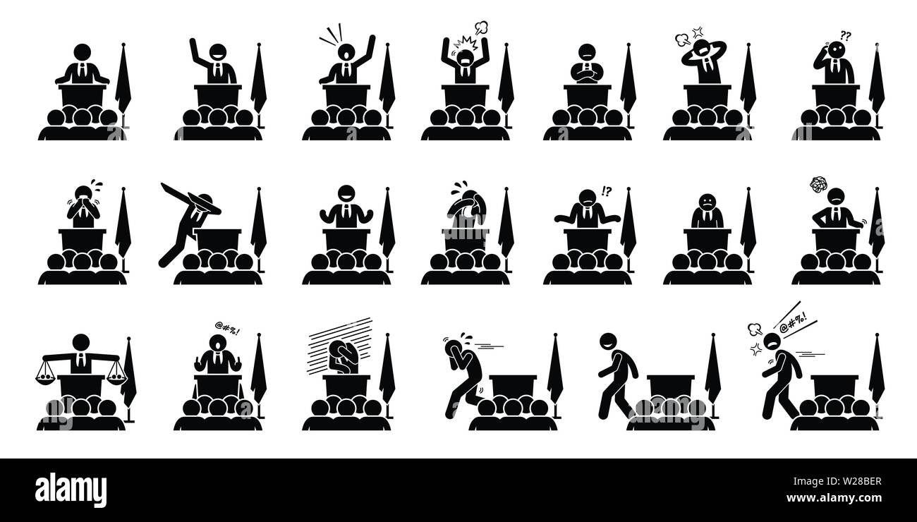 Politician, president, or prime minister actions, feelings, and emotions during his speech. Artwork depicts set of different poses and body languages Stock Vector