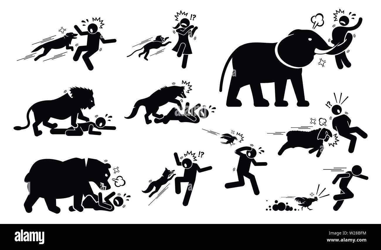 Animals attack human icons signs symbol. Illustrations depict angry and violent dog, monkey, elephant, lion, wolf, bear, fox, bird, sheep, and chicken Stock Vector