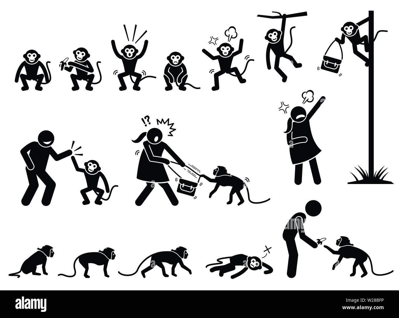 Human and monkey stick figure pictogram. Illustrations depict monkey actions and reactions such as eating, angry, climbing and walking. The naughty mo Stock Vector