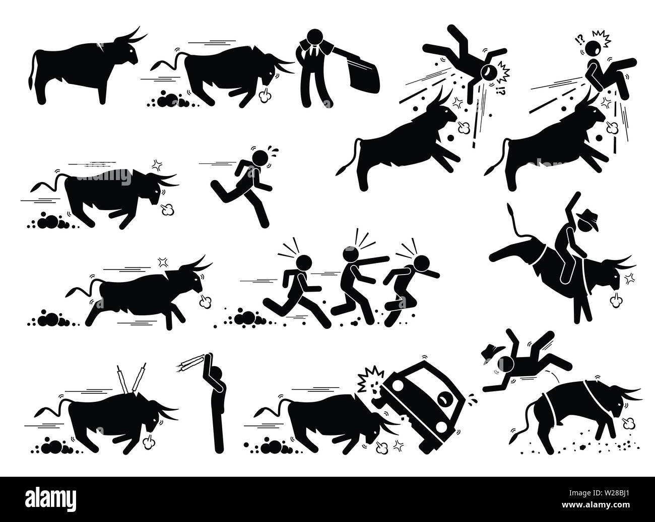 Spain bullfight and bull run event pictogram icons. Stick figure illustrations depict angry bull charging at matador, people, car, and also rodeo game Stock Vector