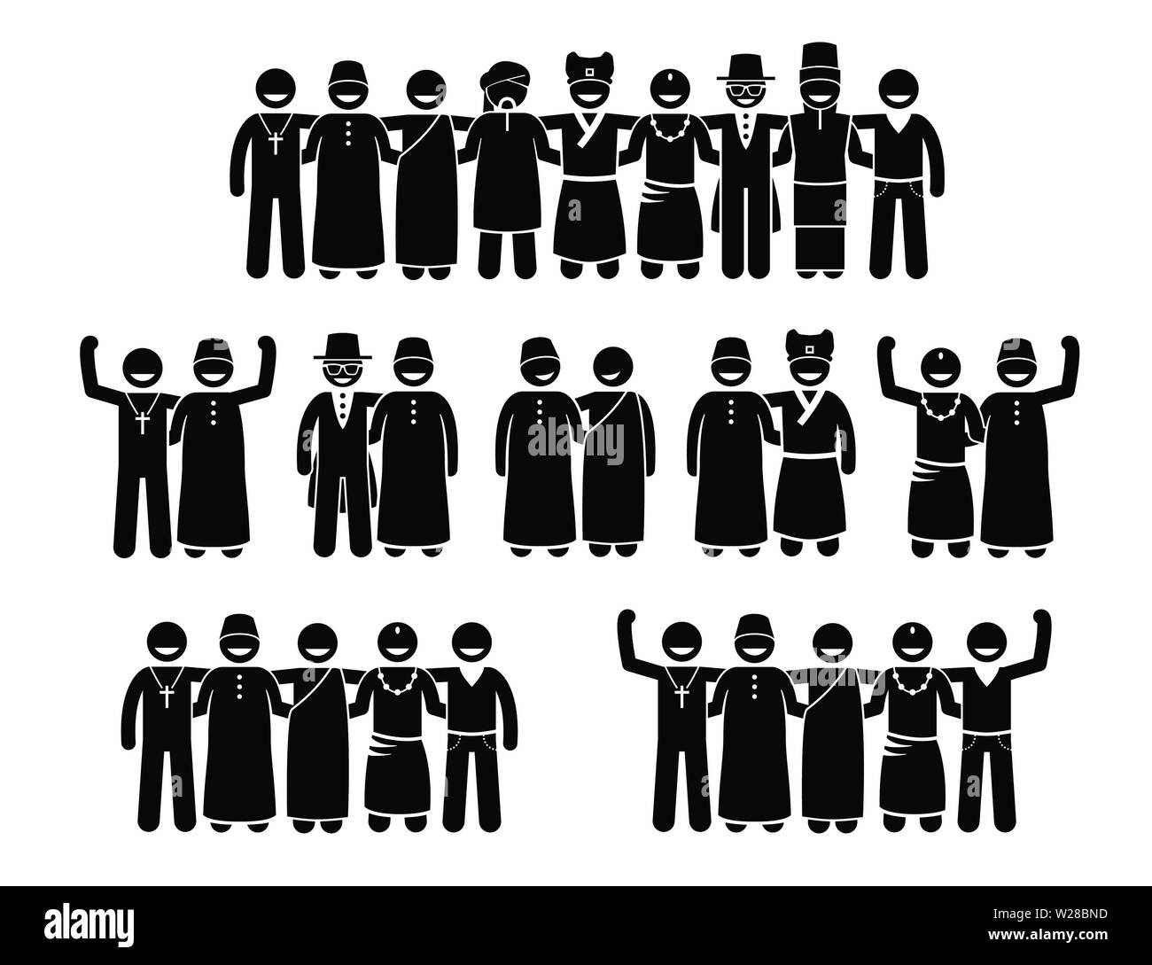 Mixed culture, multiracial, multicultural, and peaceful religions of human standing together. Vector artwork depicts people of different religions sta Stock Vector