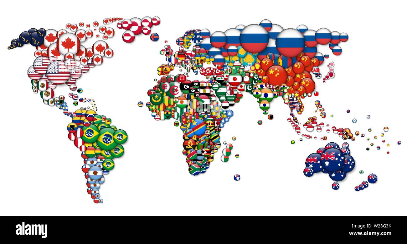 World Map And All National Circle Country Flags 3d Design