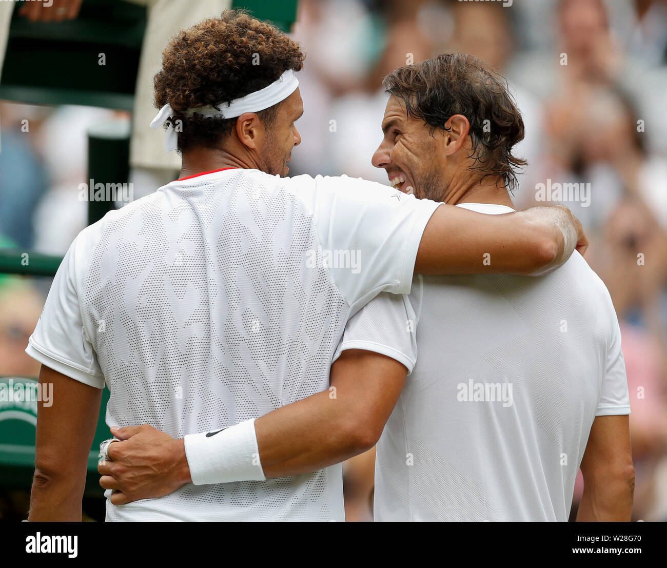 London, Britain. 6th July, 2019. Rafael Nadal greets Jo-Wilfried Tsonga  after the men's singles third round match between Rafael Nadal of Spain and  Jo-Wilfried Tsonga of France at the 2019 Wimbledon Tennis