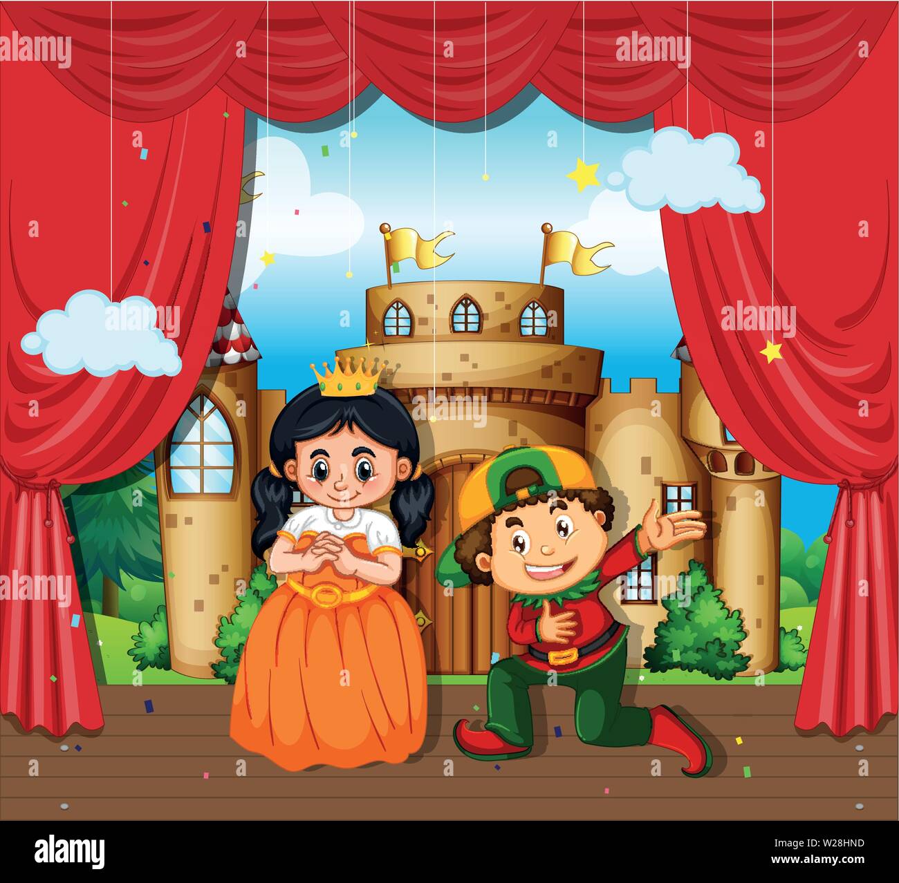 Boy and girl perform drama on stage illustration Stock Vector