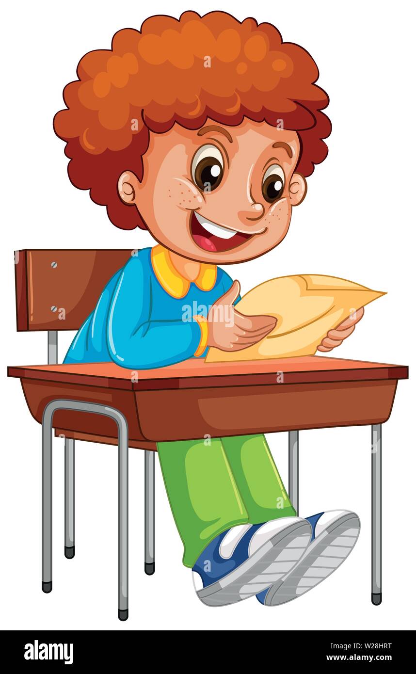 A boy reading paper on the desk illustration Stock Vector