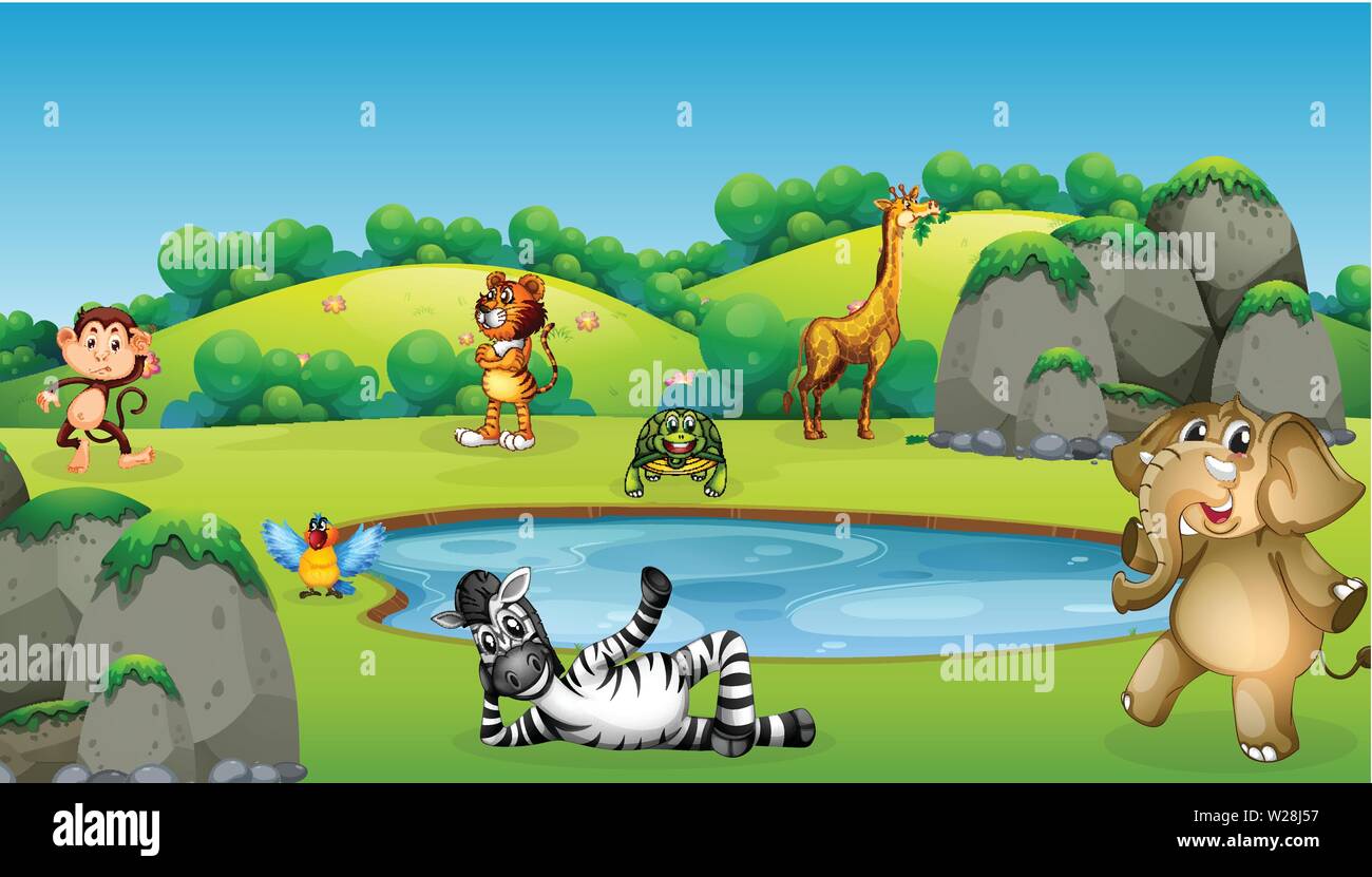 Animals around pond scene illustration Stock Vector Image & Art - Alamy