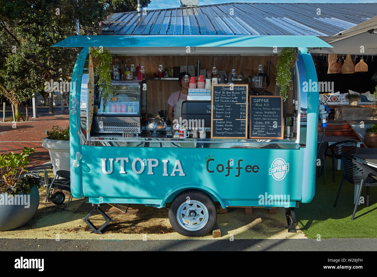 Utopia Coffee Caravan, waterfront, Auckland, North Island, New Zealand Stock Photo