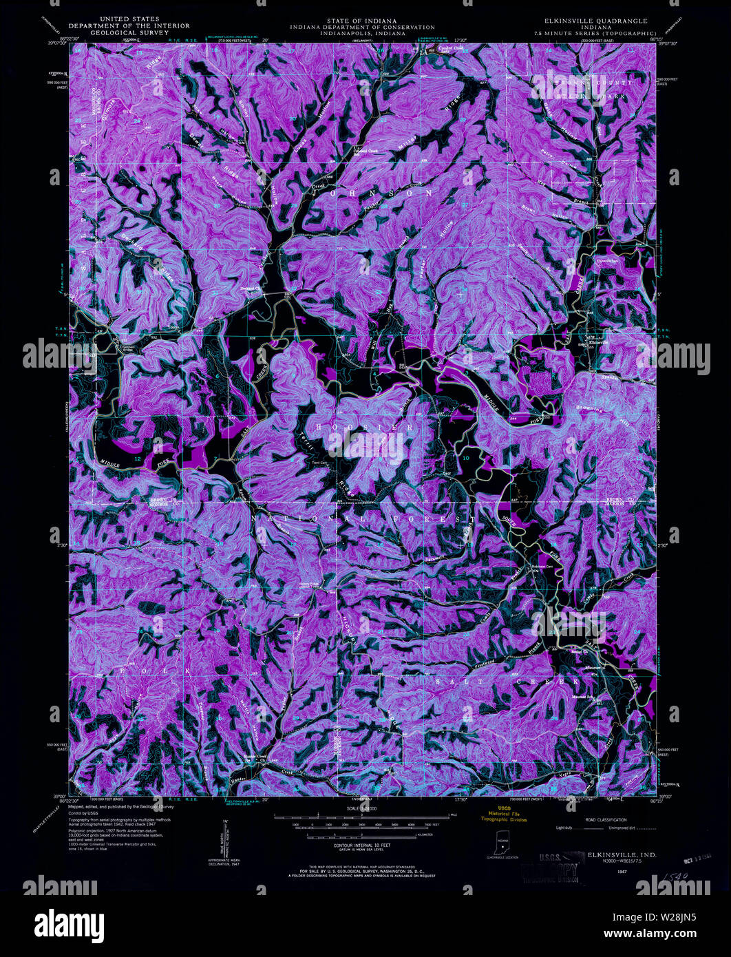 USGS TOPO Map Indiana IN Elkinsville 156889 1947 24000 Inverted Restoration Stock Photo