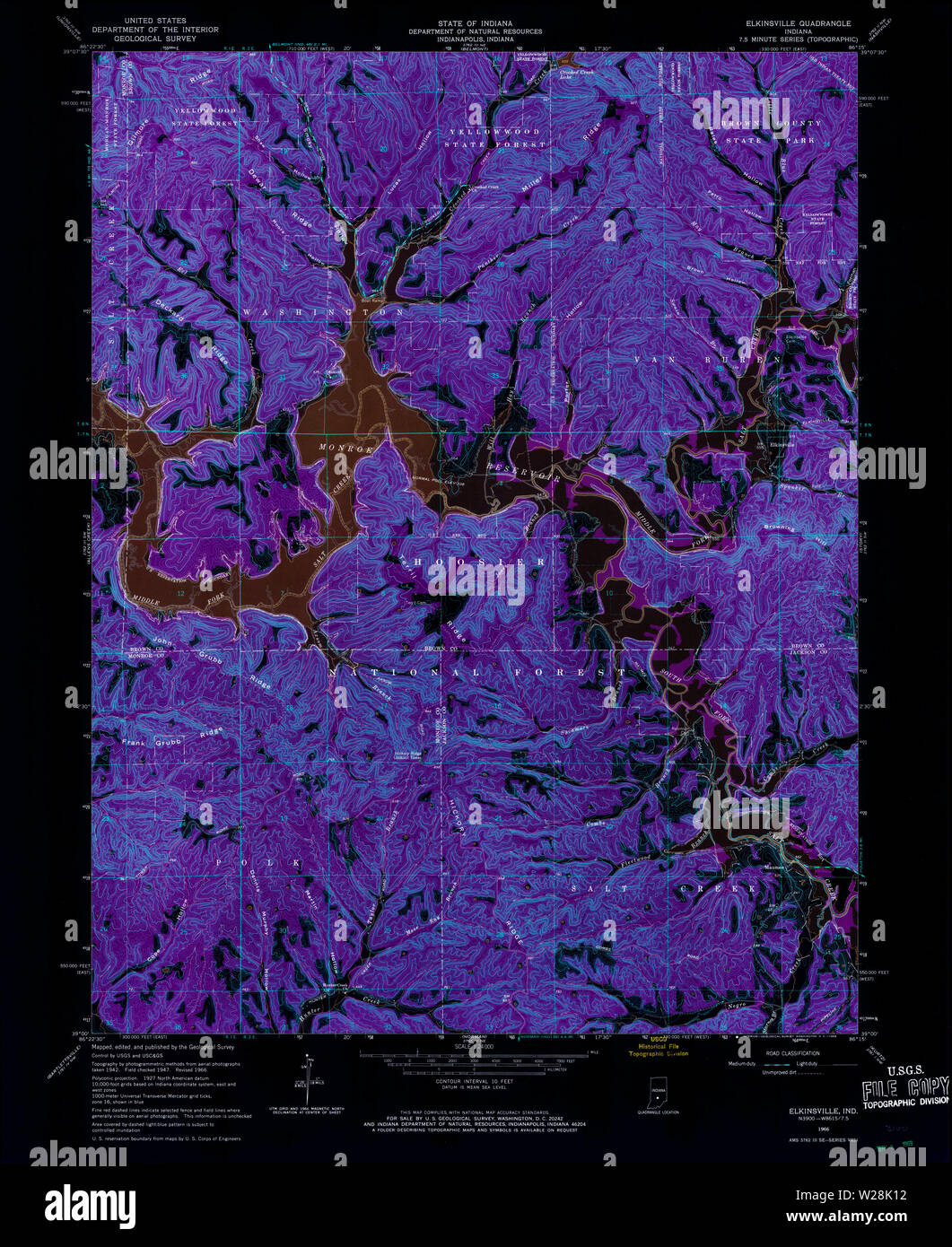 USGS TOPO Map Indiana IN Elkinsville 156893 1966 24000 Inverted Restoration Stock Photo