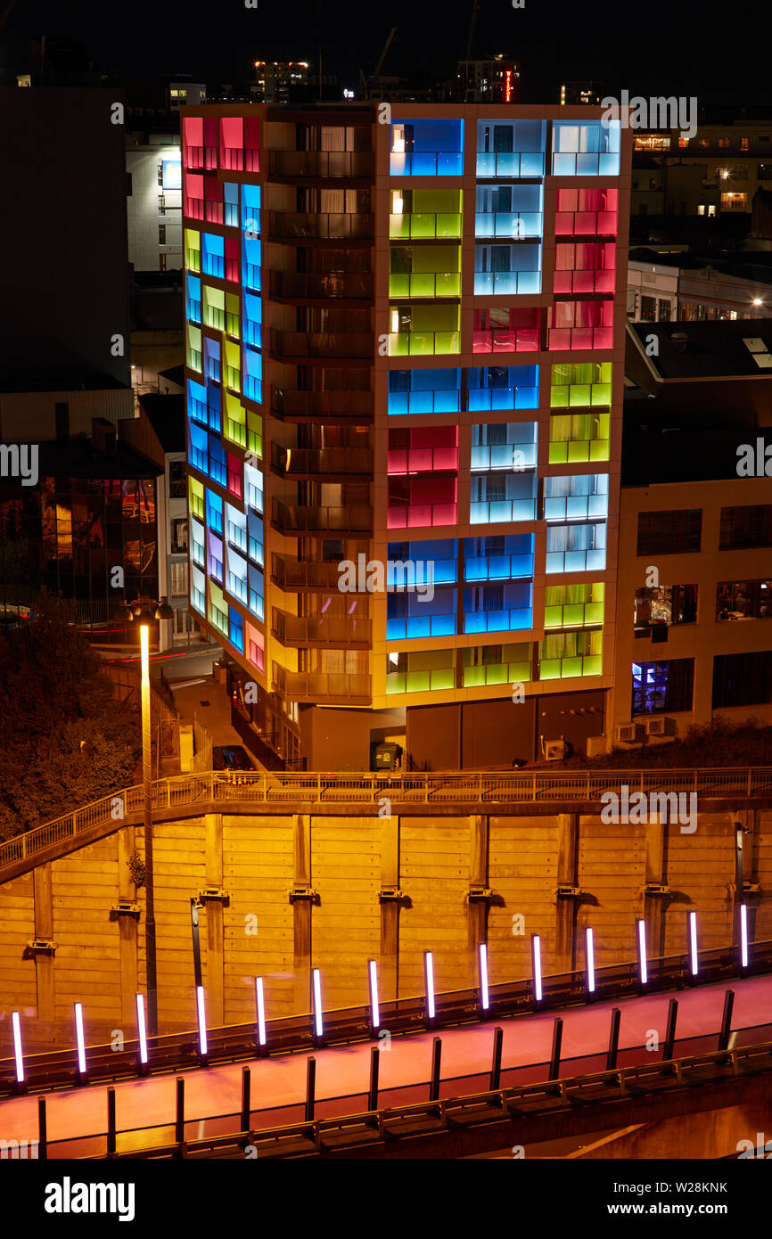 Colourful apartment building, and Lightpath cycleway, near Karangahape Rd, Auckland, North Island, New Zealand Stock Photo