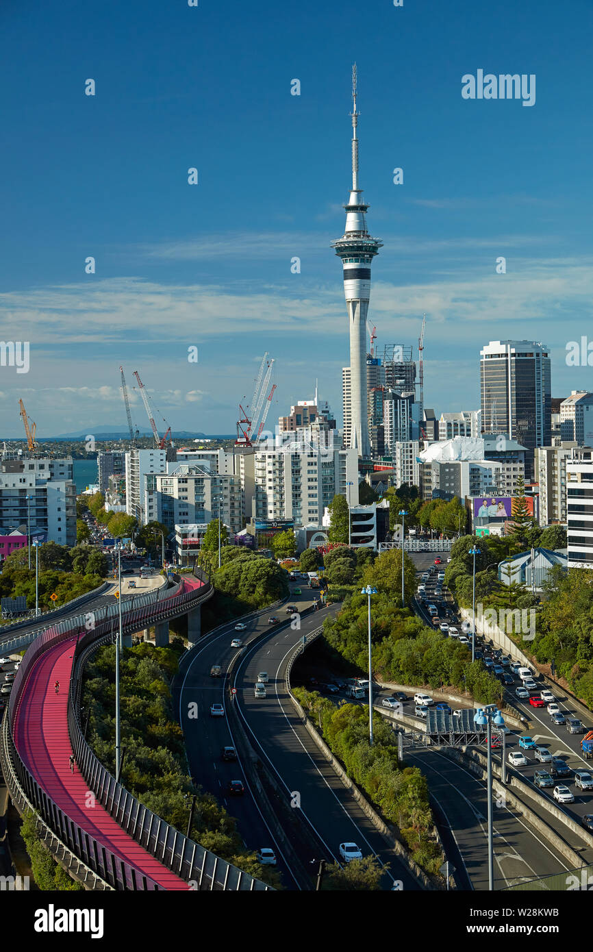 Motorways, Lightpath cycleway, and Sky Tower, Auckland, North Island, New Zealand Stock Photo