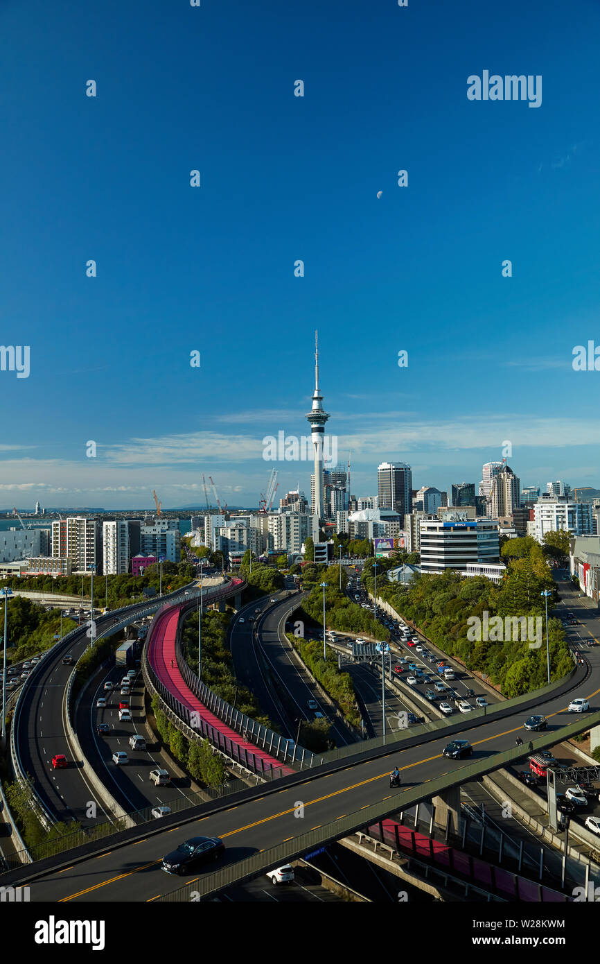 Motorways, Lightpath cycleway, and Sky Tower, Auckland, North Island ...