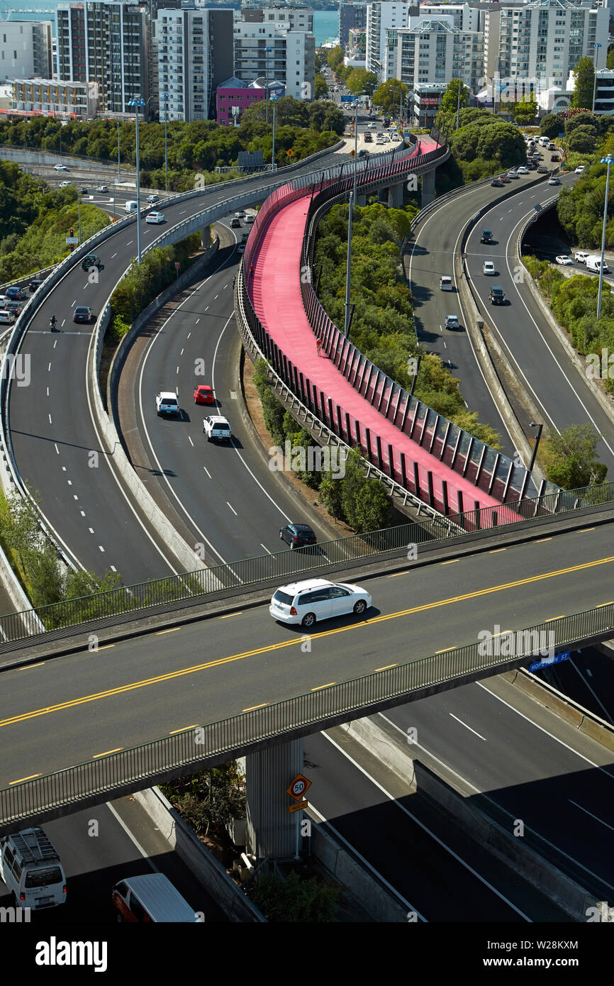 Hopetoun Bridge, commuters on motorways, and Lightpath cycleway, Auckland, North Island, New Zealand Stock Photo