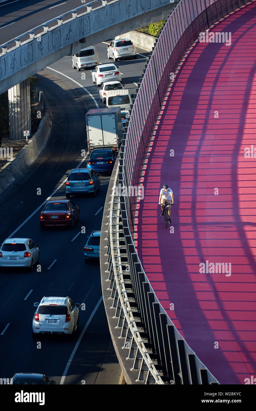 Cyclist on Lightpath cycleway (Te Ara I Whiti), and motorway traffic, Auckland, North Island, New Zealand Stock Photo