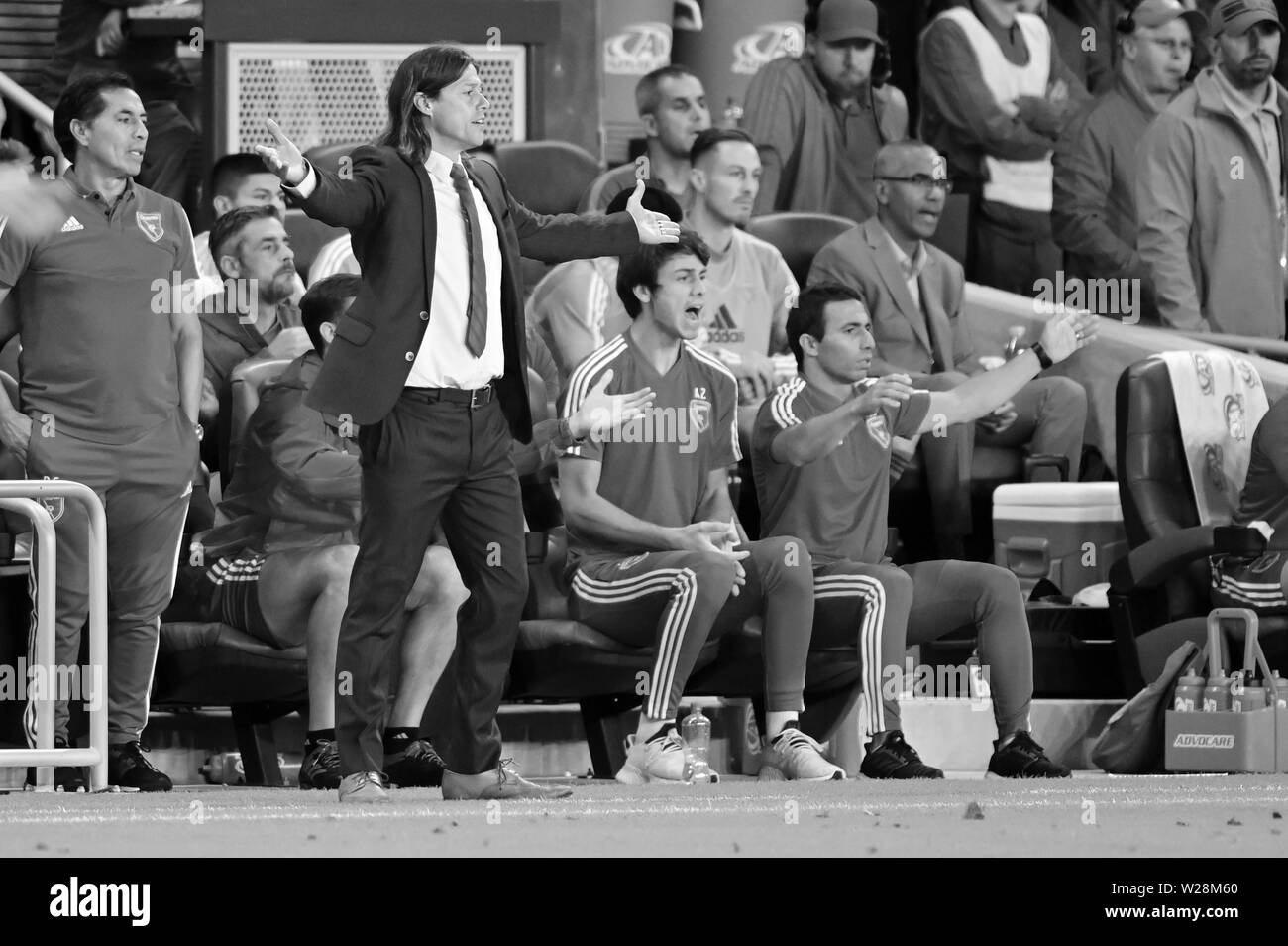 San Jose, California, USA. 6th July, 2019. San Jose Earthquakes head coach MatÃ-as Almeyda ask for a call from the officials during the MLS game between Real Salt Lake and the San Jose Earthquakes at Avaya Stadium in San Jose, California. Chris Brown/CSM/Alamy Live News Stock Photo