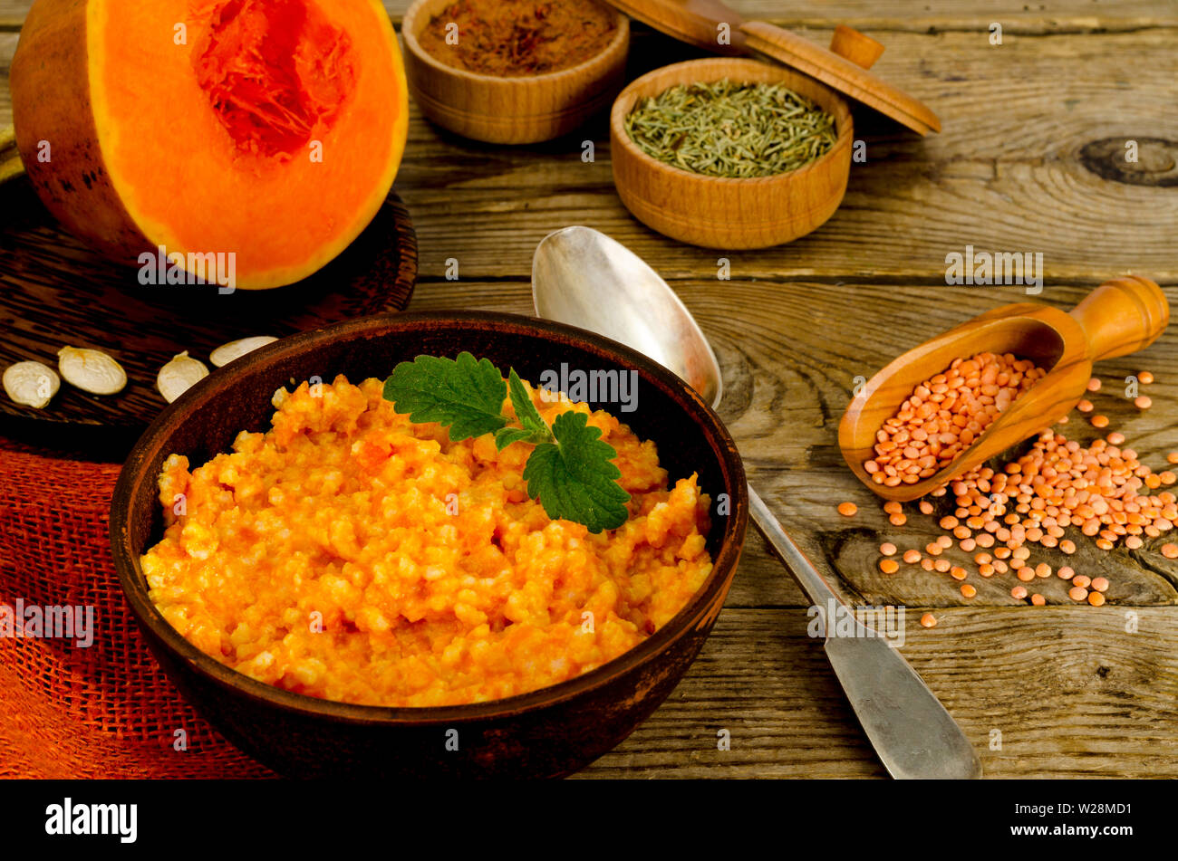 Vegetarian food, porridge with pumpkin and lentils Stock Photo - Alamy