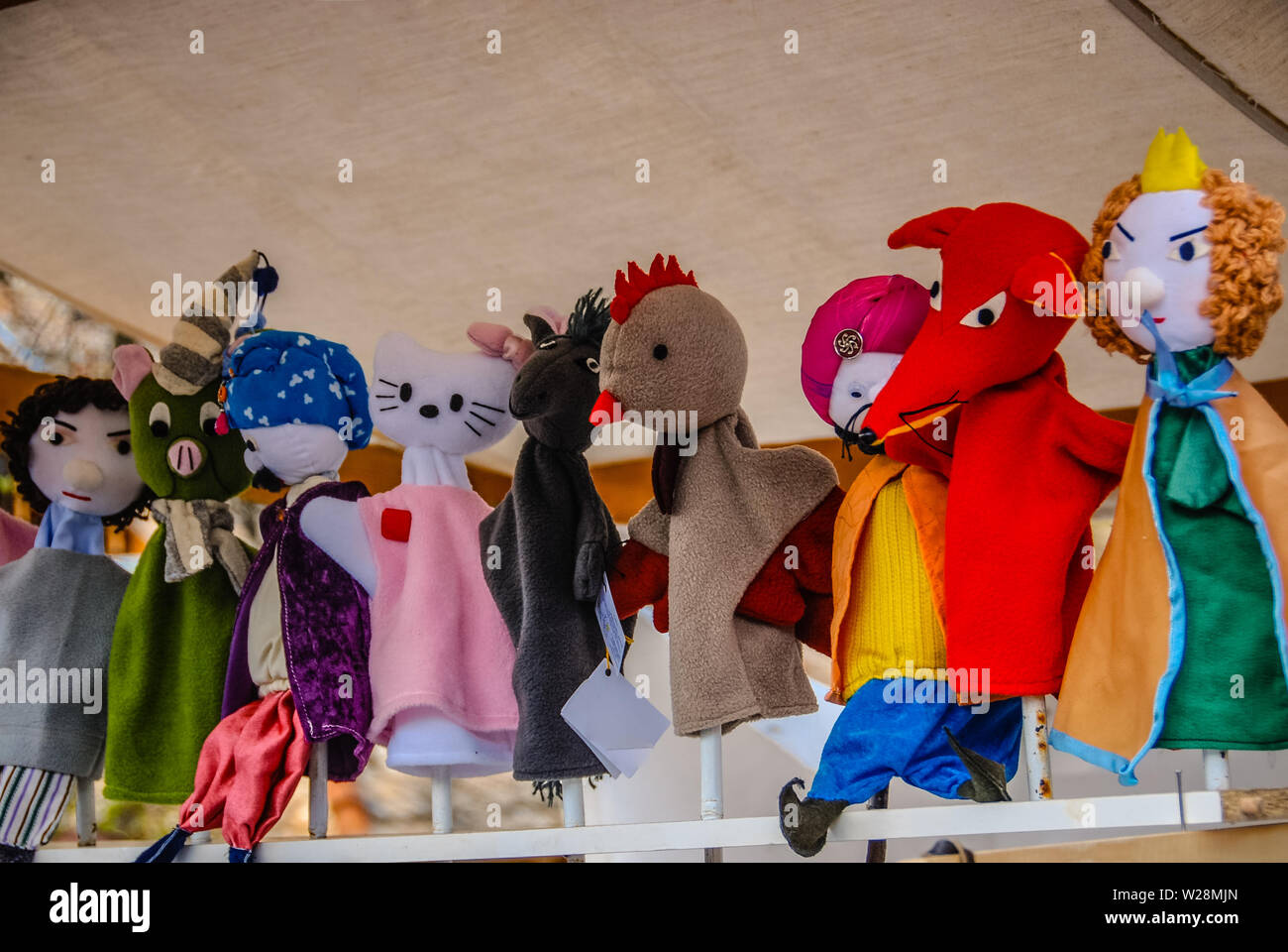 Various Felt Hand Puppets on sale at a Easter market in Hungary. Stock Photo