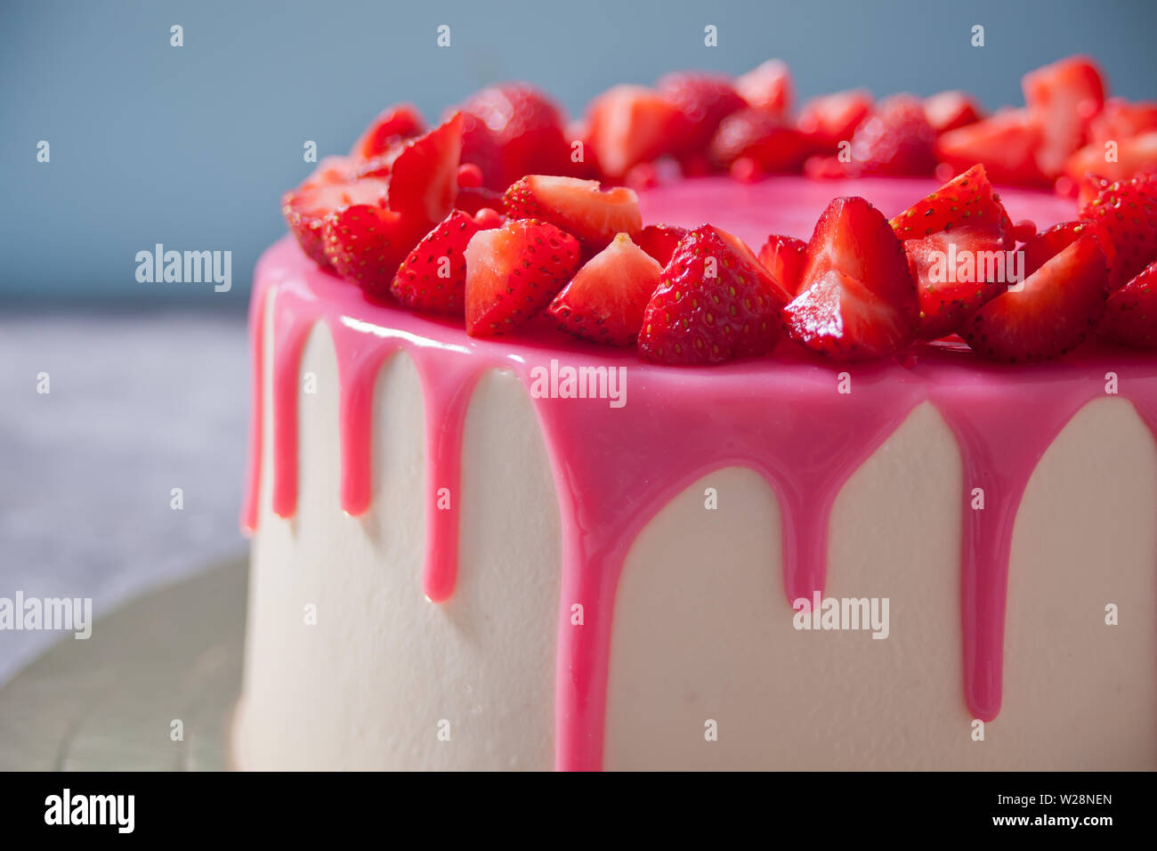 Birthday Delicious Cake With Pink Glaze Decorated Fresh