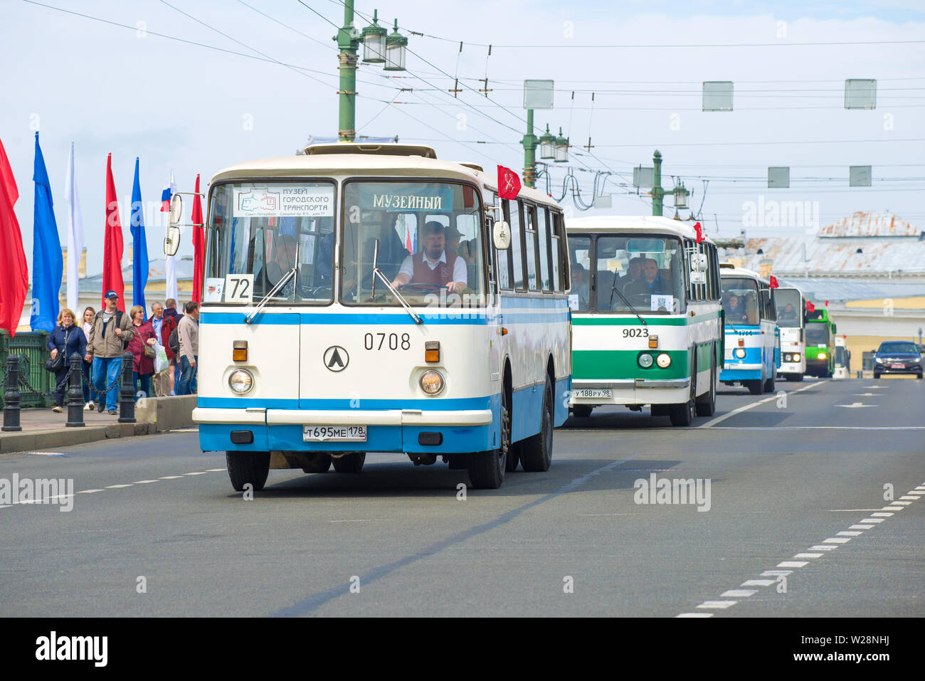 SAINT-PETERSBURG, RUSSIA - MAY 25, 2019: Soviet bus LAZ-695 in a column of buses of the Lviv bus plant. Fragment of a retro transport parade in honor Stock Photo