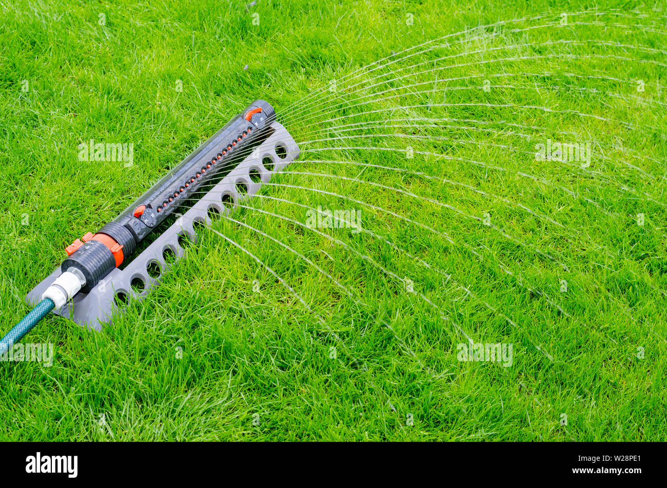 Irrigation system, sprinkler spaying water over green grass lawn Stock