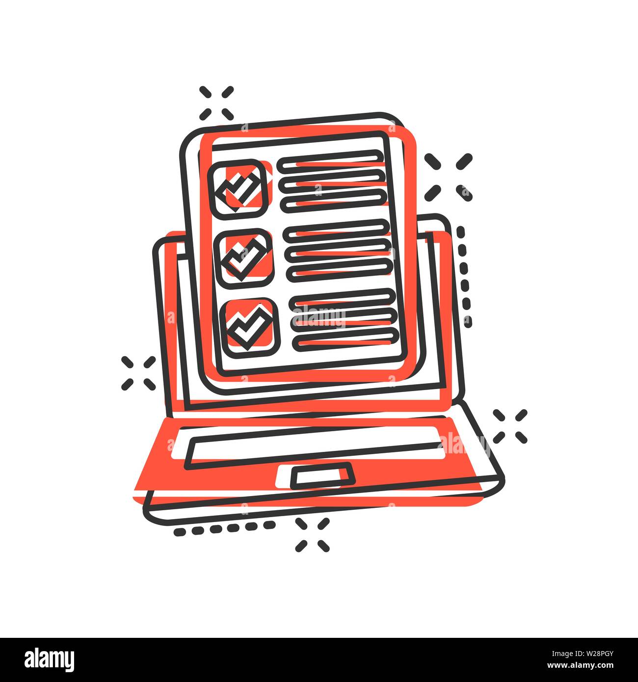 Questionnaire laptop icon in comic style. Online survey vector cartoon