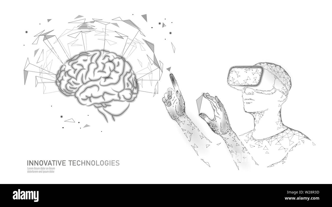Active human brain VR headset next level menthal abilities. Man wearing glasses augmented reality geometric blue glowing. Neurocomputer vector Stock Vector