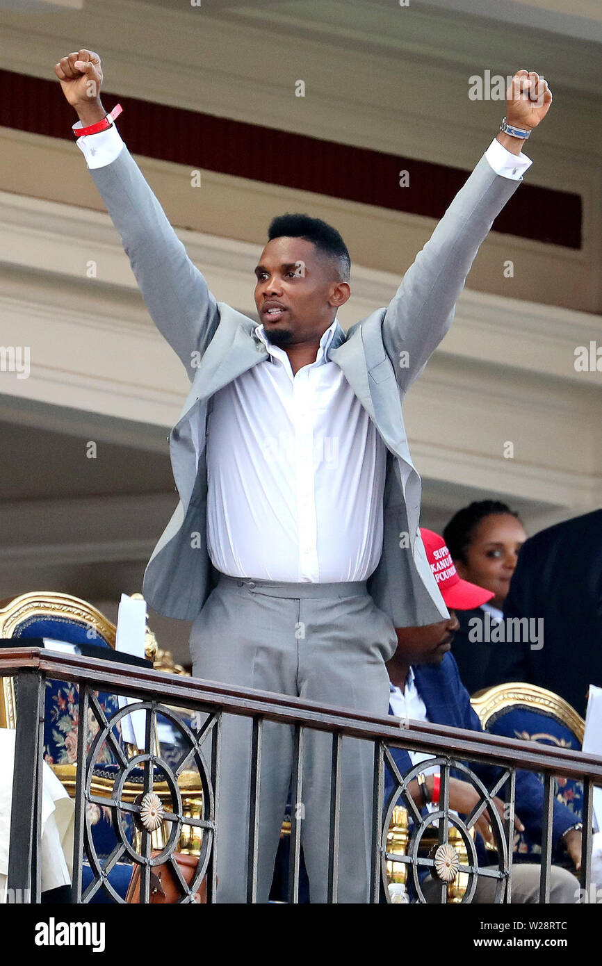 Alexandria, Egypt. 6th July, 2019. Cameroon's football legend Samuel Eto'o Fils watches the round of 16 match between Nigeria and Cameroon at the 2019 African Cup of Nations in Alexandria, Egypt, July 6, 2019. Credit: Wang Teng/Xinhua/Alamy Live News Stock Photo