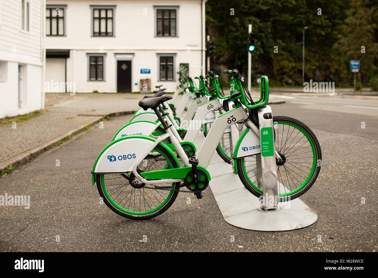 OBOS rental bikes in a bicycle rack in Bergen, Hordaland County, Norway. Stock Photo