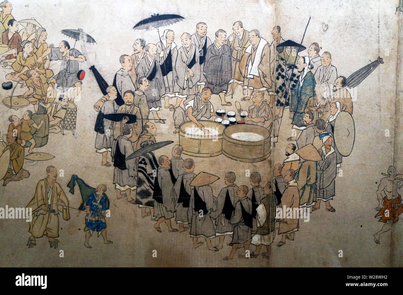 Feeding the monks, Illustrated Biography of Itinerant Priests, color on paper, Kamakura period, 14th century Stock Photo
