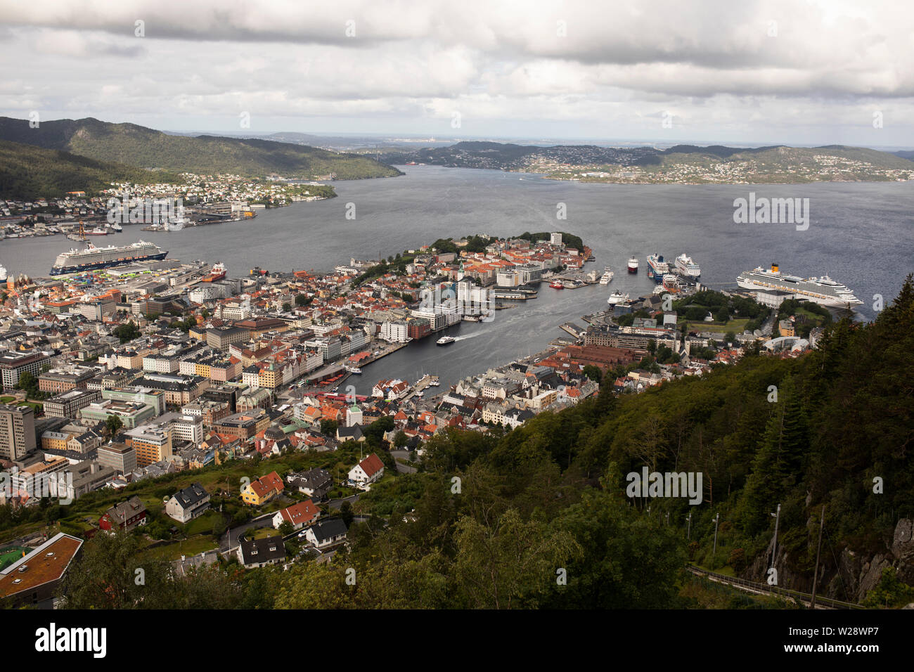 A view of the harbor and city of Bergen, Norway, from the mountain top visitors center at Mount Fløyen. Stock Photo