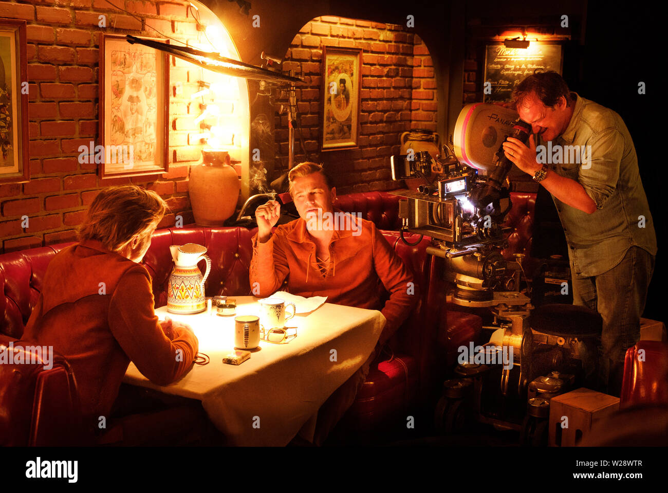 RELEASE DATE: August 9, 2019 TITLE: Once Upon a Time in Hollywood STUDIO: Columbia Pictures DIRECTOR: Quentin Tarantino PLOT: A TV actor and his stunt double embark on an odyssey to make a name for themselves in the film industry during the Charles Manson murders in 1969 Los Angeles. STARRING: QUENTIN TARANTINO, LEONARDO DICAPRIO and BRAD PITT on set. (Credit Image: © Columbia Pictures/Entertainment Pictures) Stock Photo