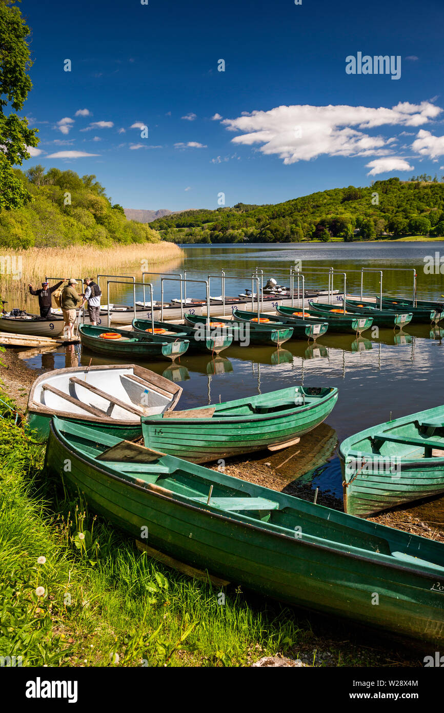UK, Cumbria, Hawkshead, Ridding, Esthwaite Water Trout Fishery, rowing boats for hire at The Boat House Stock Photo